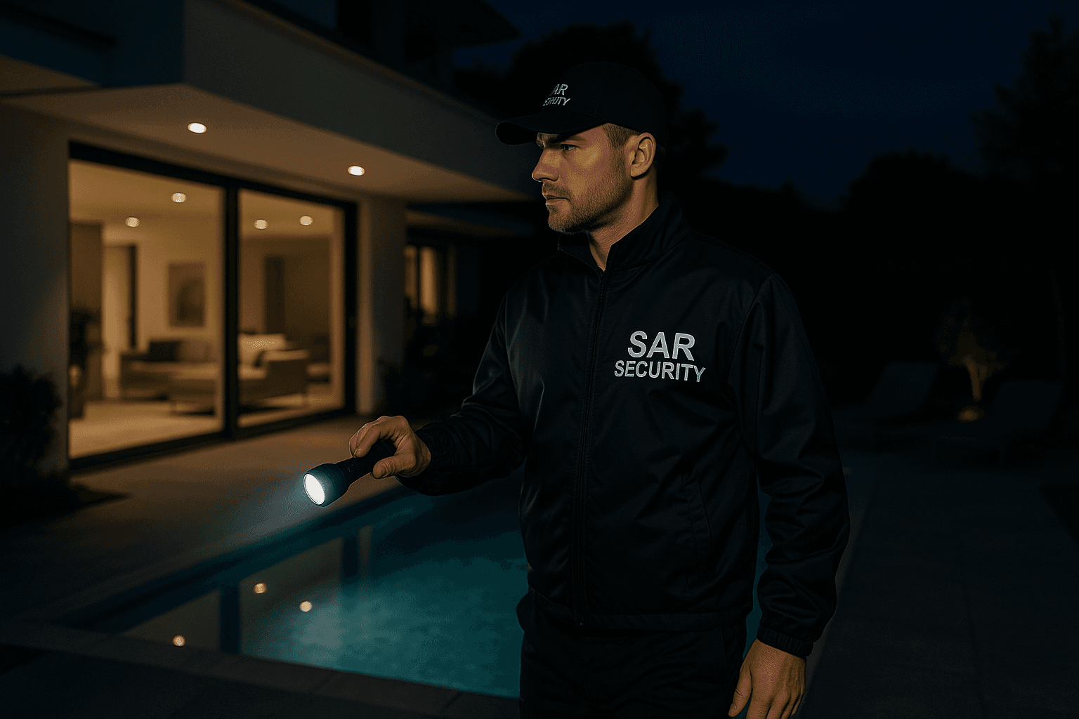 Agent de sécurité surveillant une villa